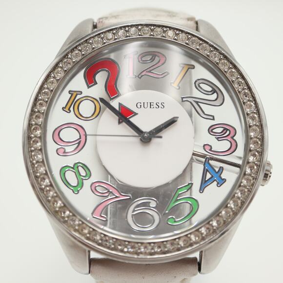 Guess Clear Dial Multicolor Numbers 45mm Watch White Leather with New Battery - Picture 5 of 16